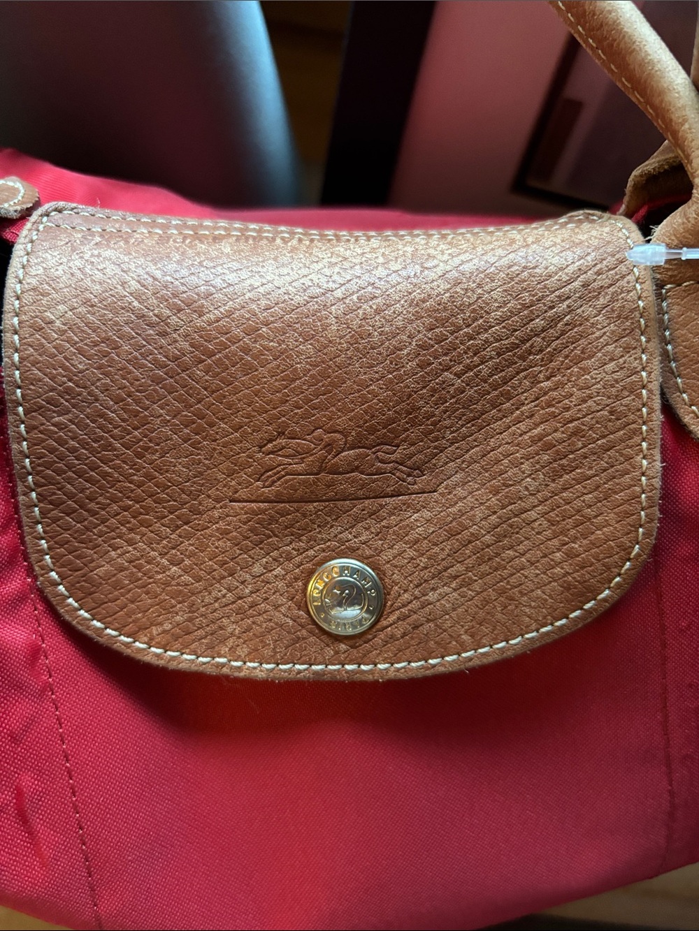 Red Longchamp Nylon Tote Bag with Brown Leather Trim - Picture 2 of 13